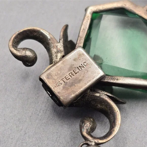 Art Nouveau Sterling Silver Demi-Parure Green Glass Floral Bracelet Earrings - Picture 12 of 16